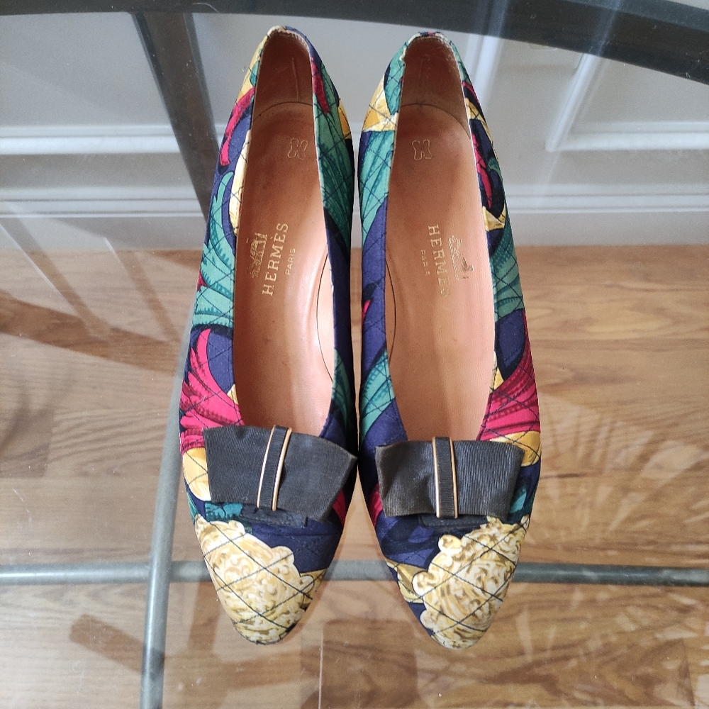 Vintage Hermes Multicolor Floral Canvas Pump Bow Heels Pump Women's 37.5